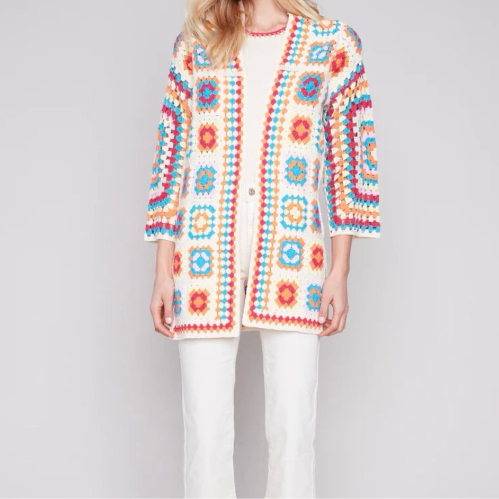 Charlie B Long Color Block Crochet Cardigan Colorful Long Sleeves Size XS/S NEW